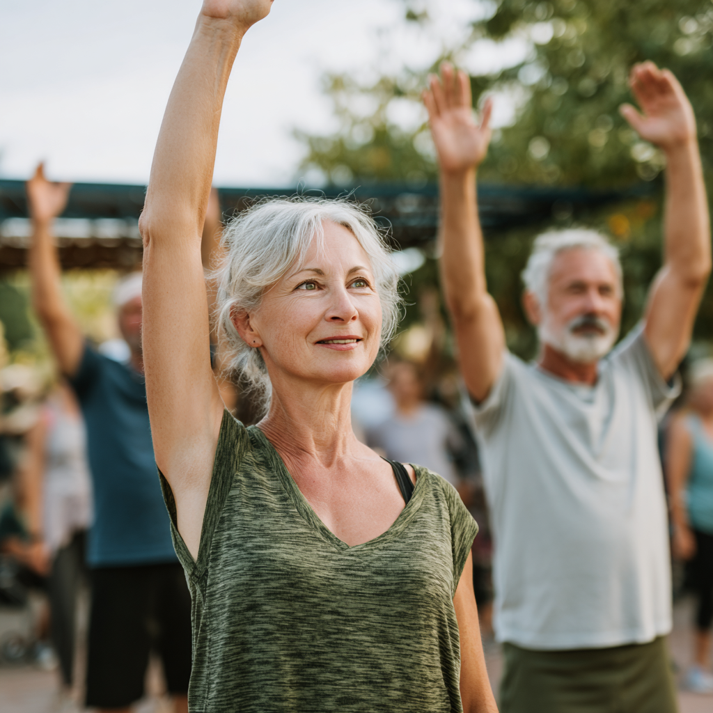 Middle-aged adults participating in functional movement exercises outdoors