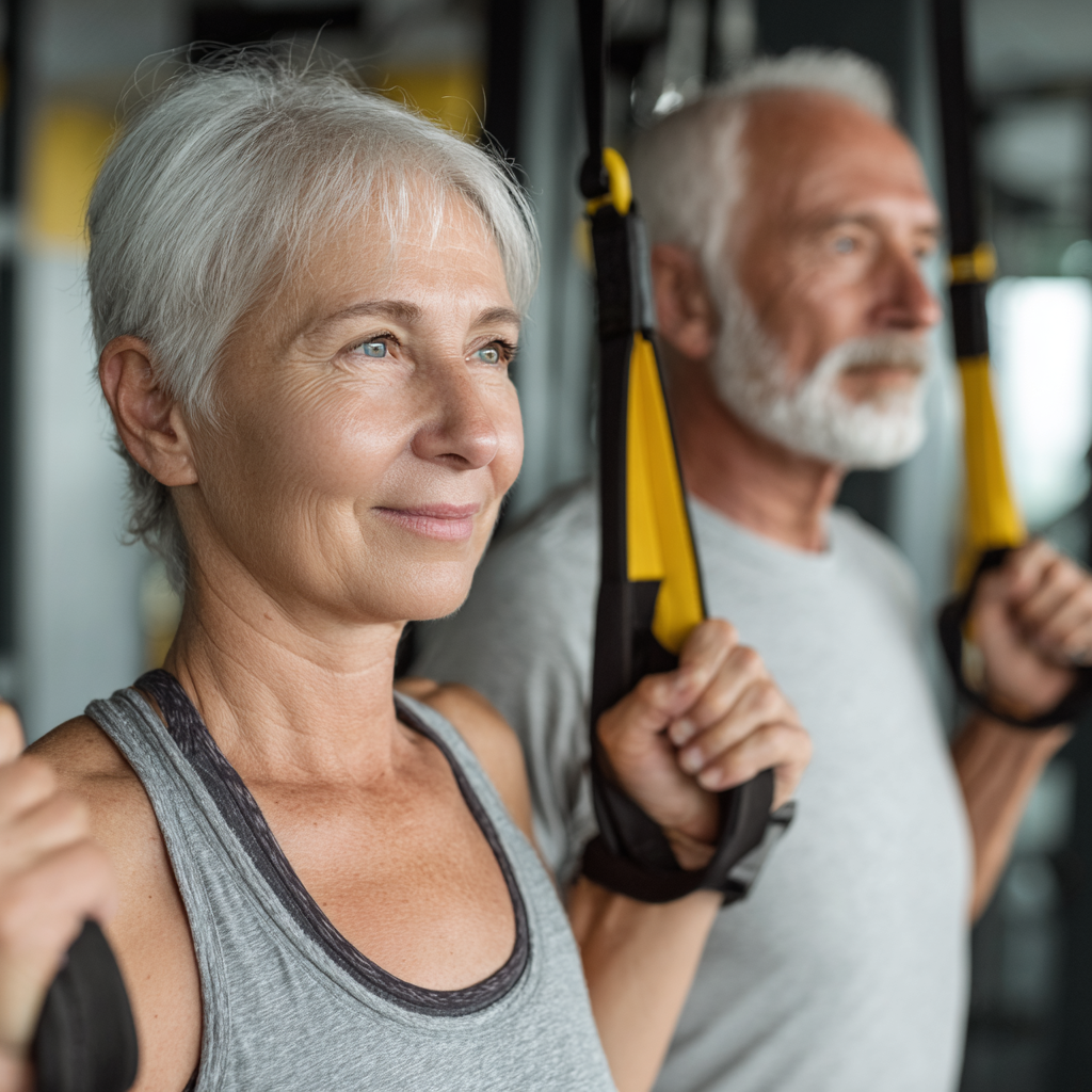 Older adults engaged in personalized fitness training with supportive environment